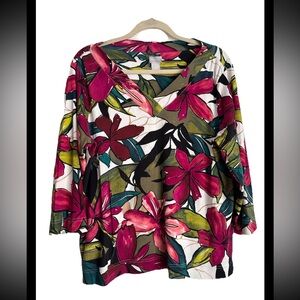 CHICOS Tropical Floral Cotton 3/4 Sleeve V-neck Top Sz 16